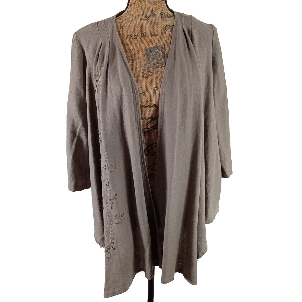 Carole Little Jacket MED Olive Green Linen Embroider Bead Floral Open Waterfall